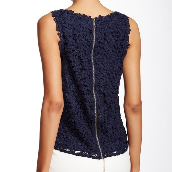 Catherine Malandrino New Crochet LACE Tank Top Blouse Cotton Back Zip NAVY Sexy! - Picture 2 of 9